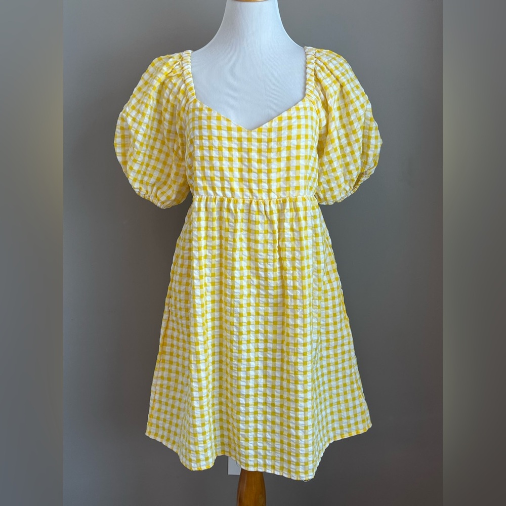 Old Navy Yellow White Gingham Puff Sleeve Mini Dress